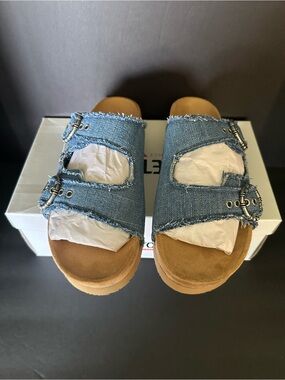 Minnetonka Blue Denim Georgine Double Buckle Slides